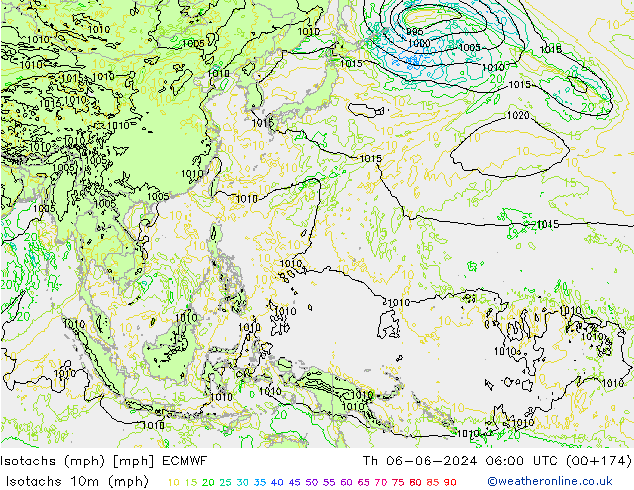 Isotachs (mph) ECMWF jeu 06.06.2024 06 UTC