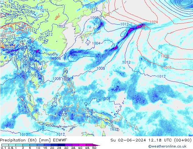 Precipitation (6h) ECMWF Su 02.06.2024 18 UTC