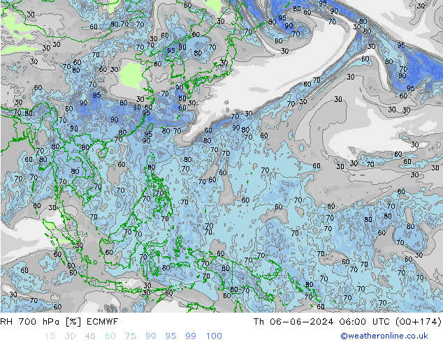 Humidité rel. 700 hPa ECMWF jeu 06.06.2024 06 UTC