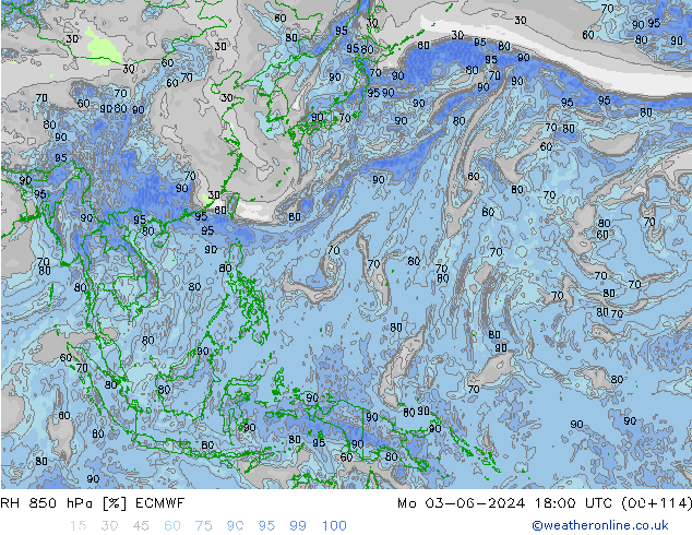 Humidité rel. 850 hPa ECMWF lun 03.06.2024 18 UTC