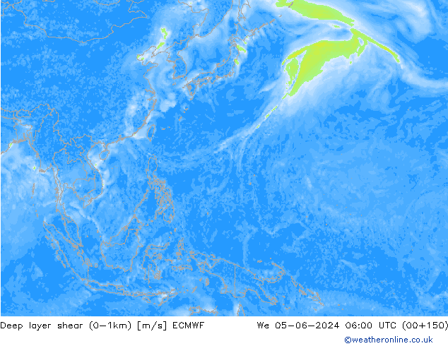 Deep layer shear (0-1km) ECMWF mer 05.06.2024 06 UTC