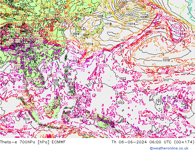 Theta-e 700hPa ECMWF Qui 06.06.2024 06 UTC