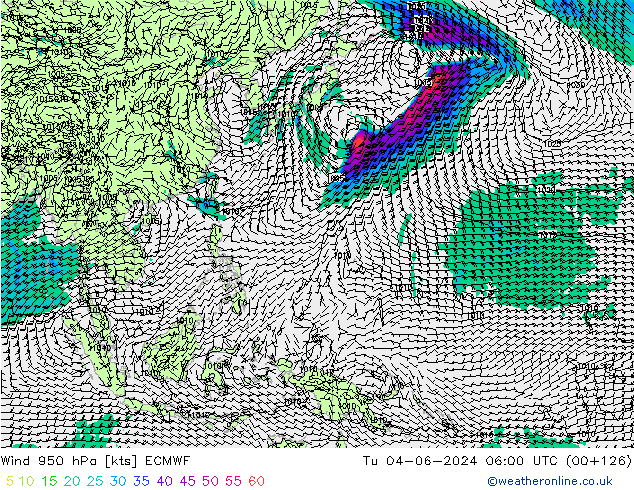 Wind 950 hPa ECMWF Út 04.06.2024 06 UTC