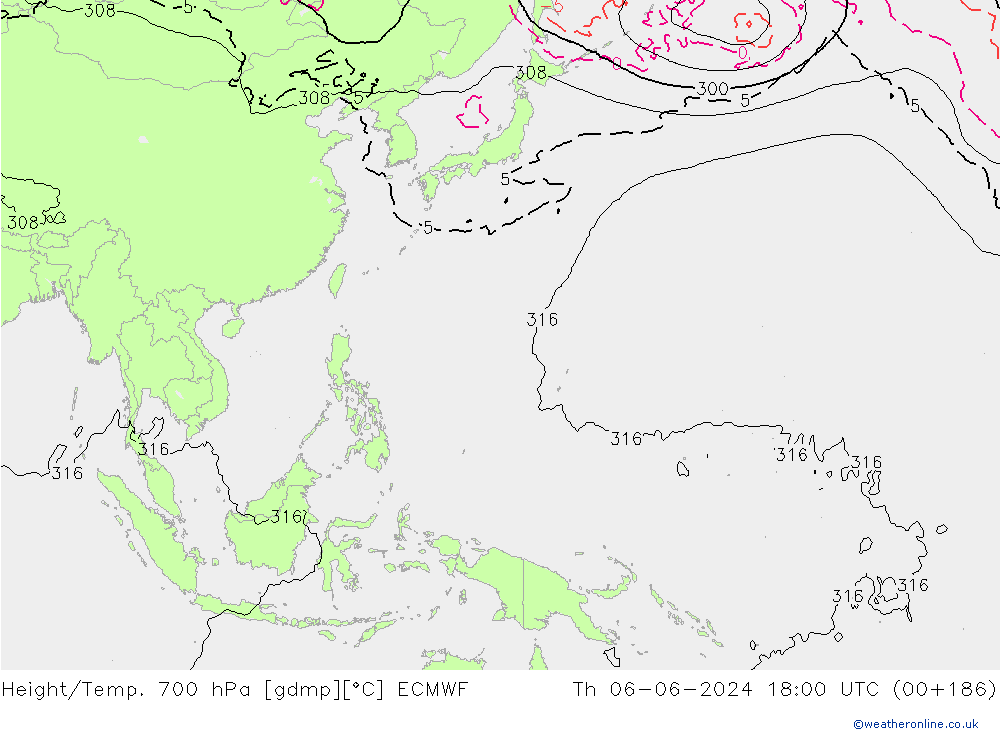 Geop./Temp. 700 hPa ECMWF jue 06.06.2024 18 UTC
