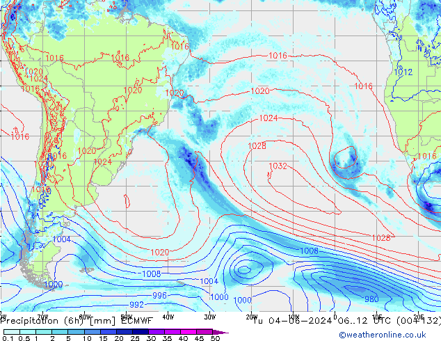 Precipitação (6h) ECMWF Ter 04.06.2024 12 UTC