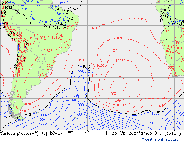 Surface pressure ECMWF Th 30.05.2024 21 UTC