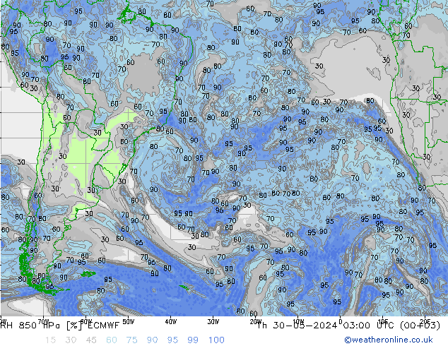 RH 850 hPa ECMWF gio 30.05.2024 03 UTC