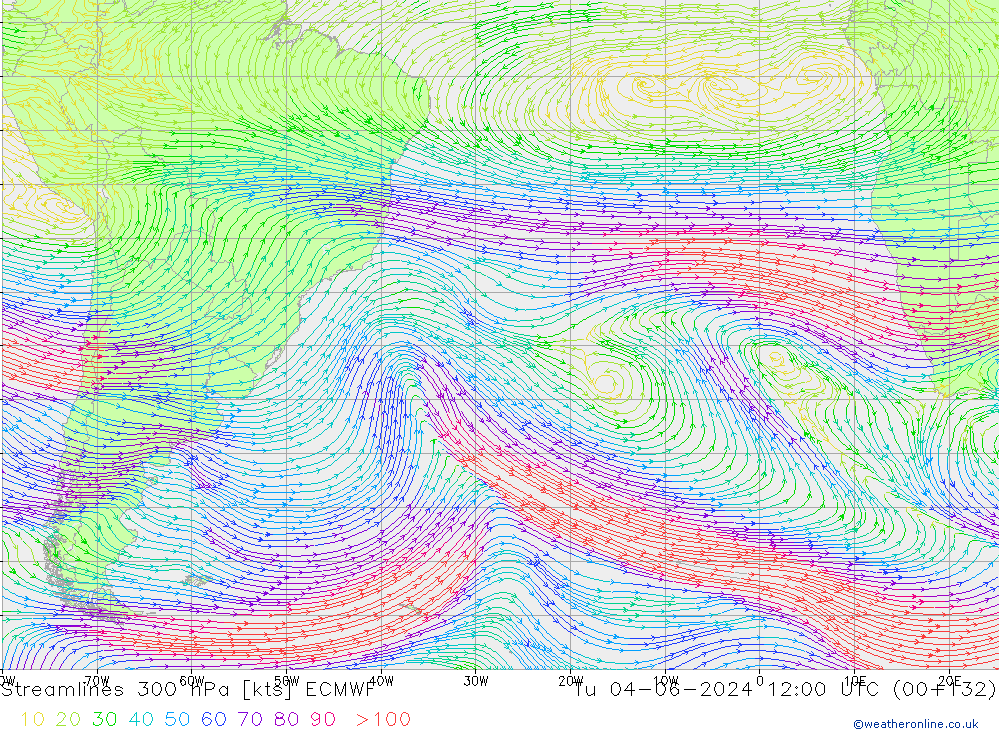 Linha de corrente 300 hPa ECMWF Ter 04.06.2024 12 UTC