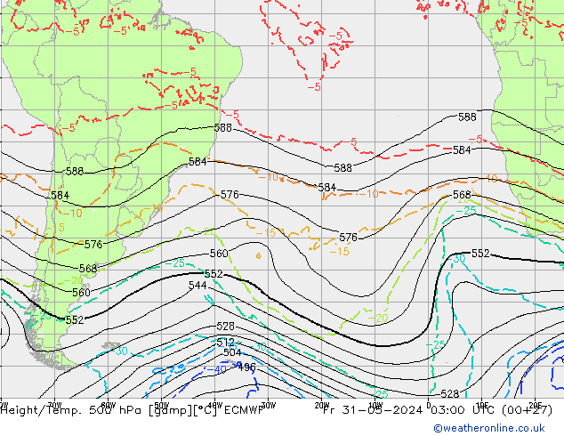 Height/Temp. 500 hPa ECMWF ven 31.05.2024 03 UTC