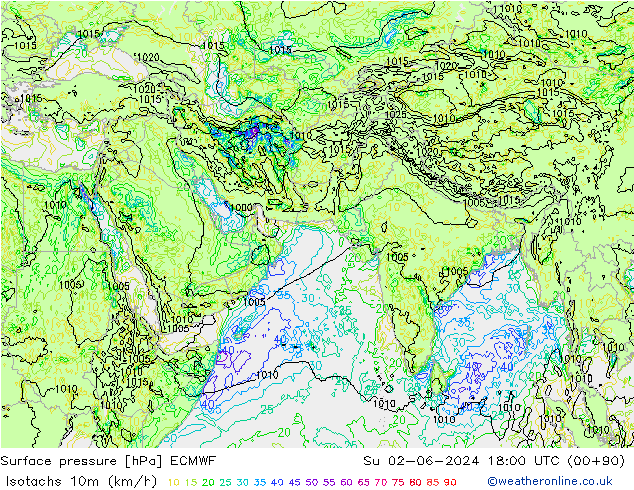 Isotachs (kph) ECMWF dom 02.06.2024 18 UTC