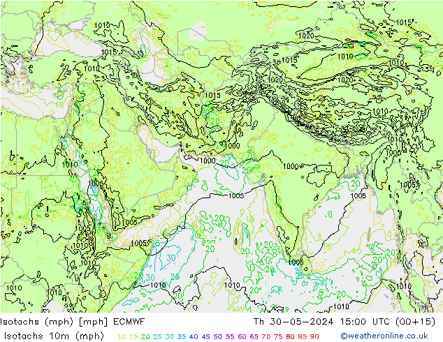 Isotachs (mph) ECMWF чт 30.05.2024 15 UTC