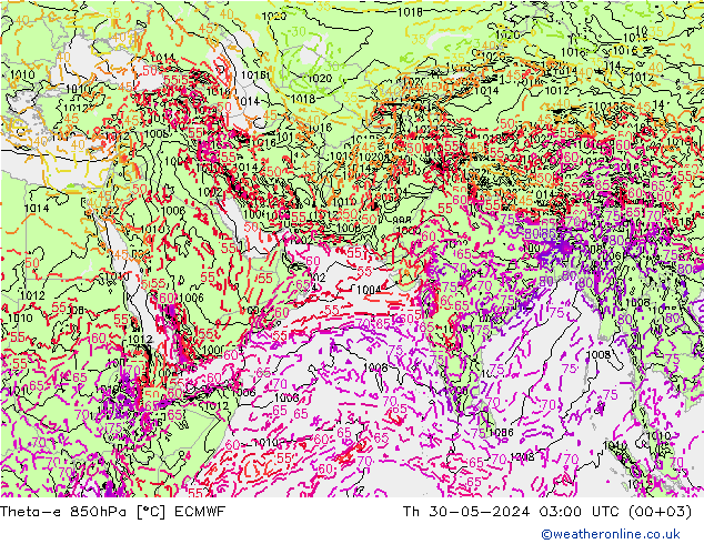 Theta-e 850гПа ECMWF чт 30.05.2024 03 UTC