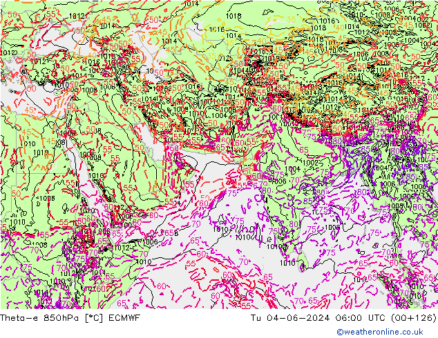 Theta-e 850hPa ECMWF Tu 04.06.2024 06 UTC