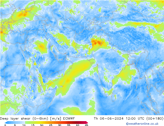 Deep layer shear (0-6km) ECMWF Do 06.06.2024 12 UTC