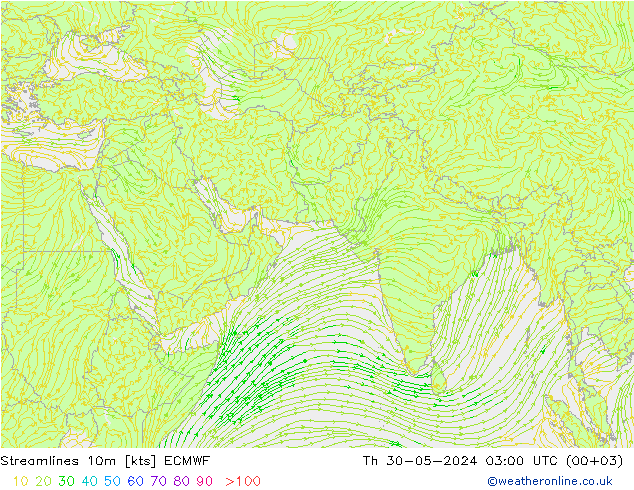 Linea di flusso 10m ECMWF gio 30.05.2024 03 UTC