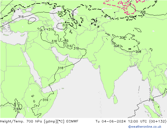 Height/Temp. 700 гПа ECMWF вт 04.06.2024 12 UTC