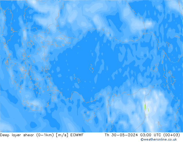 Deep layer shear (0-1km) ECMWF jue 30.05.2024 03 UTC