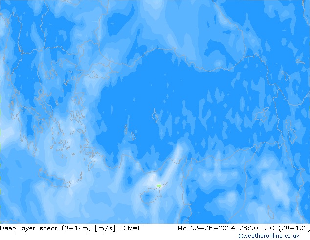 Deep layer shear (0-1km) ECMWF ma 03.06.2024 06 UTC