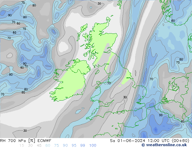 RH 700 hPa ECMWF sab 01.06.2024 12 UTC