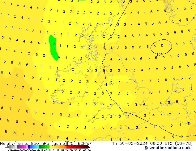 Z500/Rain (+SLP)/Z850 ECMWF gio 30.05.2024 06 UTC