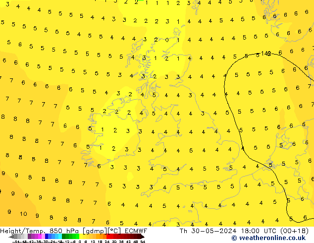 Z500/Rain (+SLP)/Z850 ECMWF Čt 30.05.2024 18 UTC