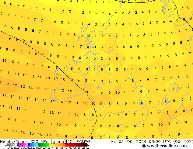 Z500/Rain (+SLP)/Z850 ECMWF Mo 03.06.2024 06 UTC