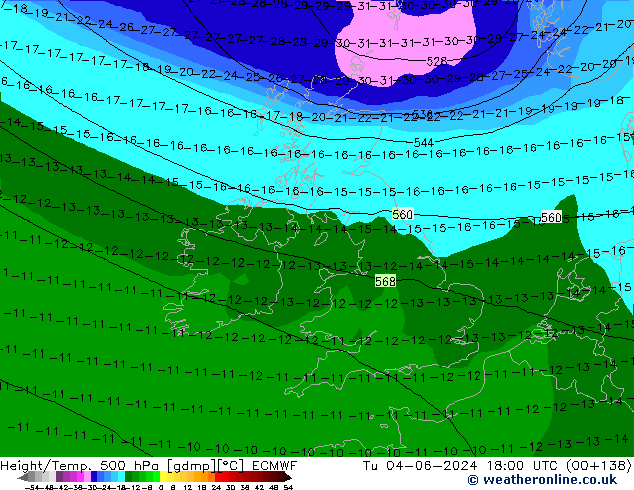 Z500/Rain (+SLP)/Z850 ECMWF Út 04.06.2024 18 UTC