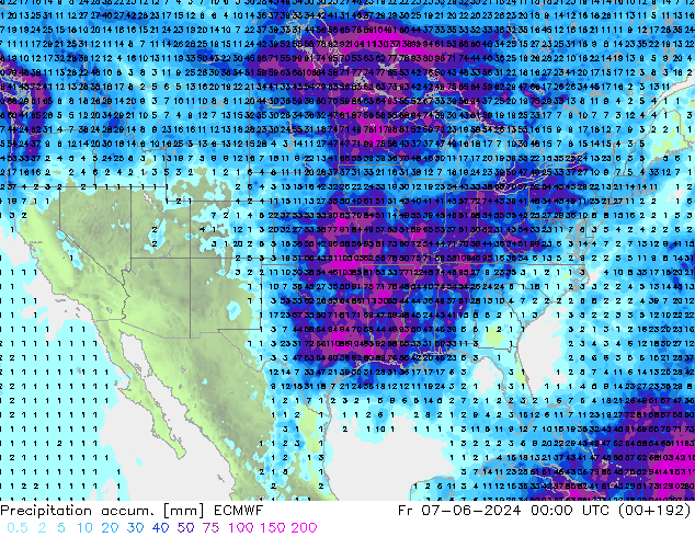 Precipitation accum. ECMWF Pá 07.06.2024 00 UTC