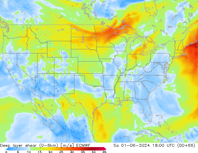 Deep layer shear (0-6km) ECMWF Cts 01.06.2024 18 UTC