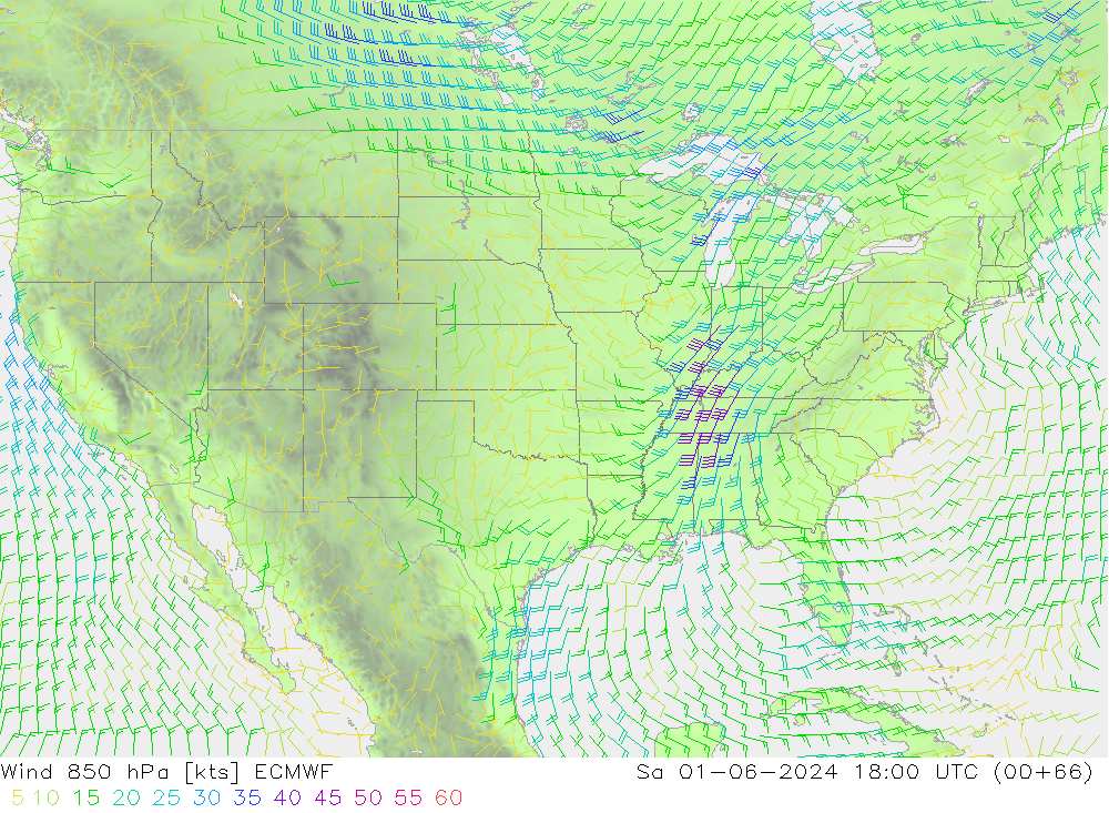 Rüzgar 850 hPa ECMWF Cts 01.06.2024 18 UTC