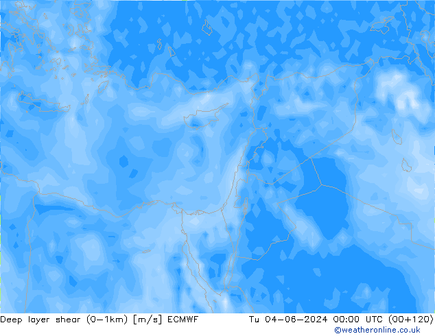 Deep layer shear (0-1km) ECMWF mar 04.06.2024 00 UTC