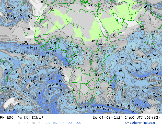 Humidité rel. 850 hPa ECMWF sam 01.06.2024 21 UTC