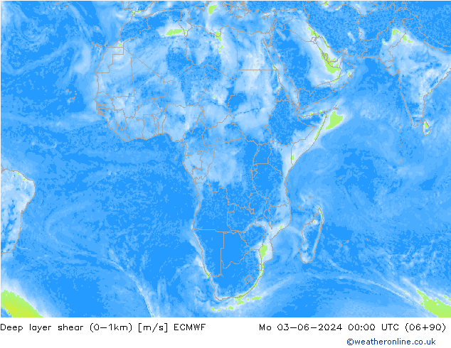 Deep layer shear (0-1km) ECMWF Pzt 03.06.2024 00 UTC