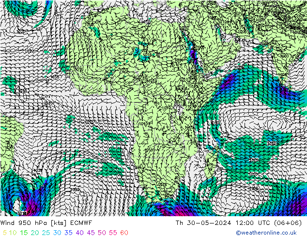 Prec 6h/Wind 10m/950 ECMWF jue 30.05.2024 12 UTC