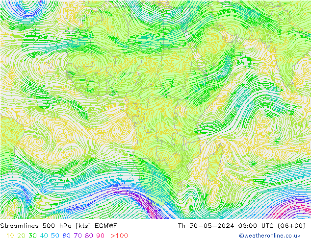 Linea di flusso 500 hPa ECMWF gio 30.05.2024 06 UTC