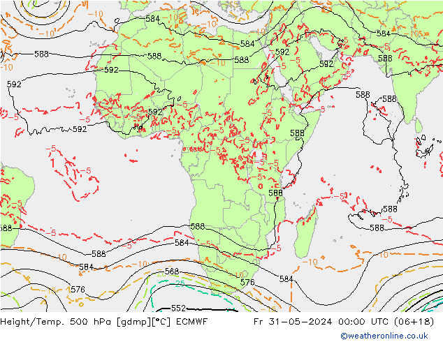 Hoogte/Temp. 500 hPa ECMWF vr 31.05.2024 00 UTC