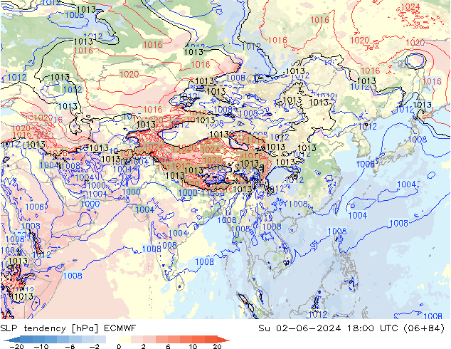 Druktendens (+/-) ECMWF zo 02.06.2024 18 UTC