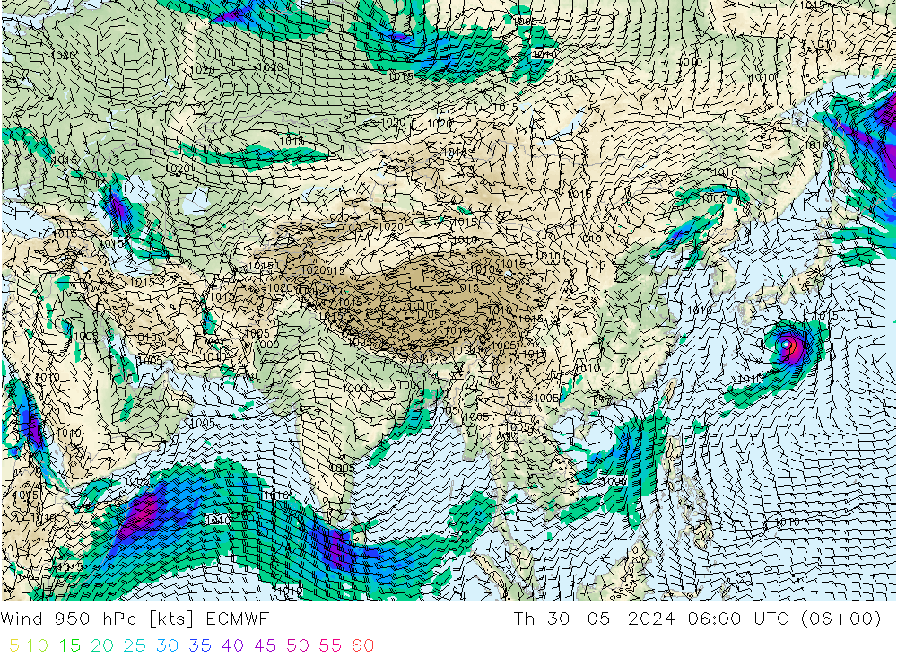 Wind 950 hPa ECMWF Čt 30.05.2024 06 UTC