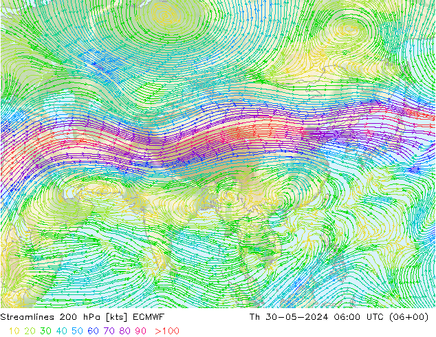 Streamlines 200 hPa ECMWF Čt 30.05.2024 06 UTC