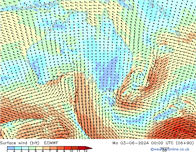 Surface wind (bft) ECMWF Mo 03.06.2024 00 UTC