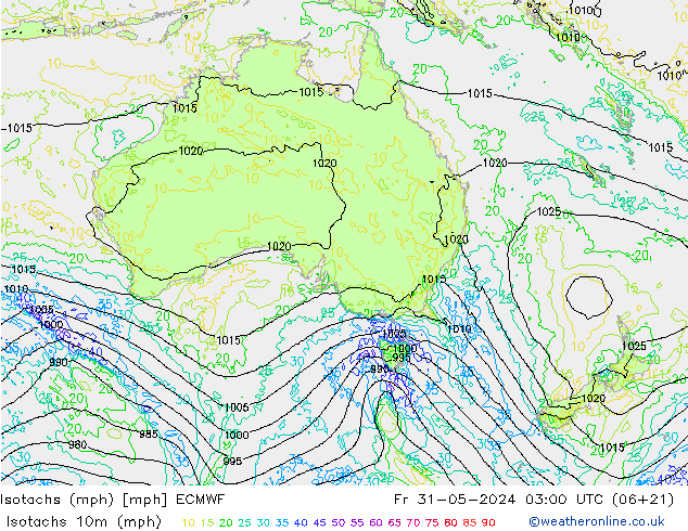 Isotachs (mph) ECMWF Pá 31.05.2024 03 UTC