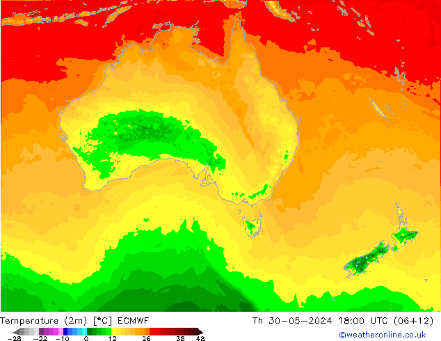 mapa temperatury (2m) ECMWF czw. 30.05.2024 18 UTC