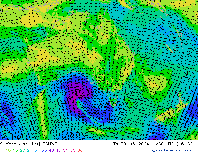 Wind 10 m ECMWF do 30.05.2024 06 UTC