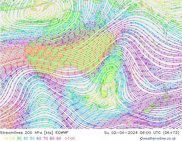 Linea di flusso 200 hPa ECMWF dom 02.06.2024 06 UTC