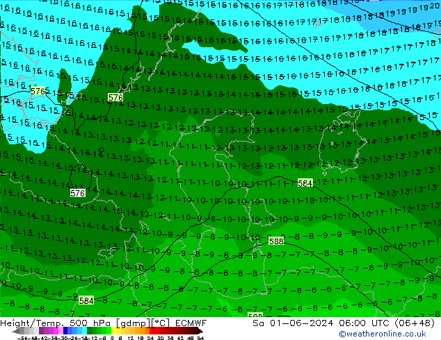 Hoogte/Temp. 500 hPa ECMWF za 01.06.2024 06 UTC