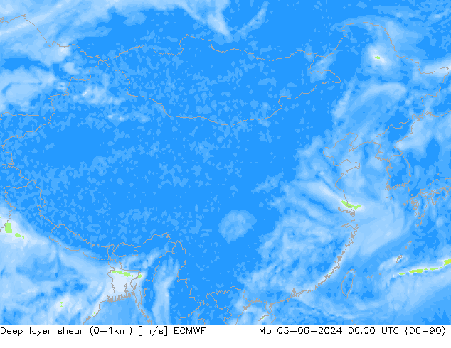 Deep layer shear (0-1km) ECMWF Pzt 03.06.2024 00 UTC