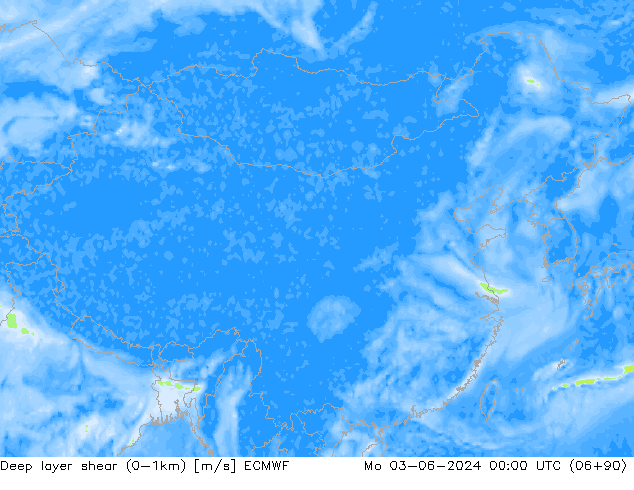 Deep layer shear (0-1km) ECMWF lun 03.06.2024 00 UTC