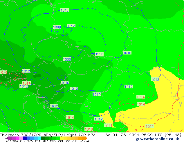 Espesor 700-1000 hPa ECMWF sáb 01.06.2024 06 UTC