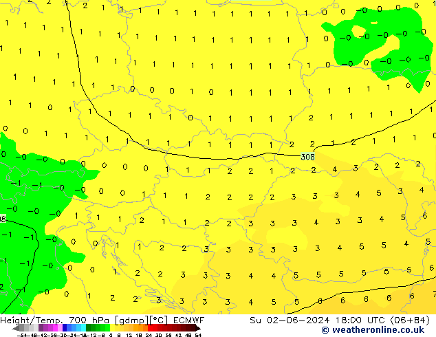 Height/Temp. 700 hPa ECMWF Su 02.06.2024 18 UTC