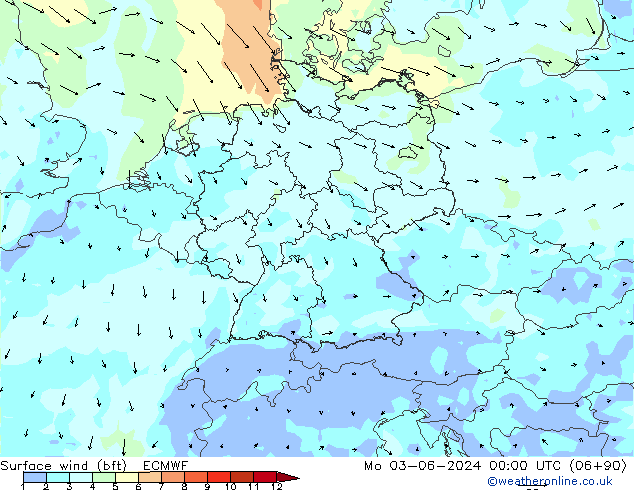 Bodenwind (bft) ECMWF Mo 03.06.2024 00 UTC